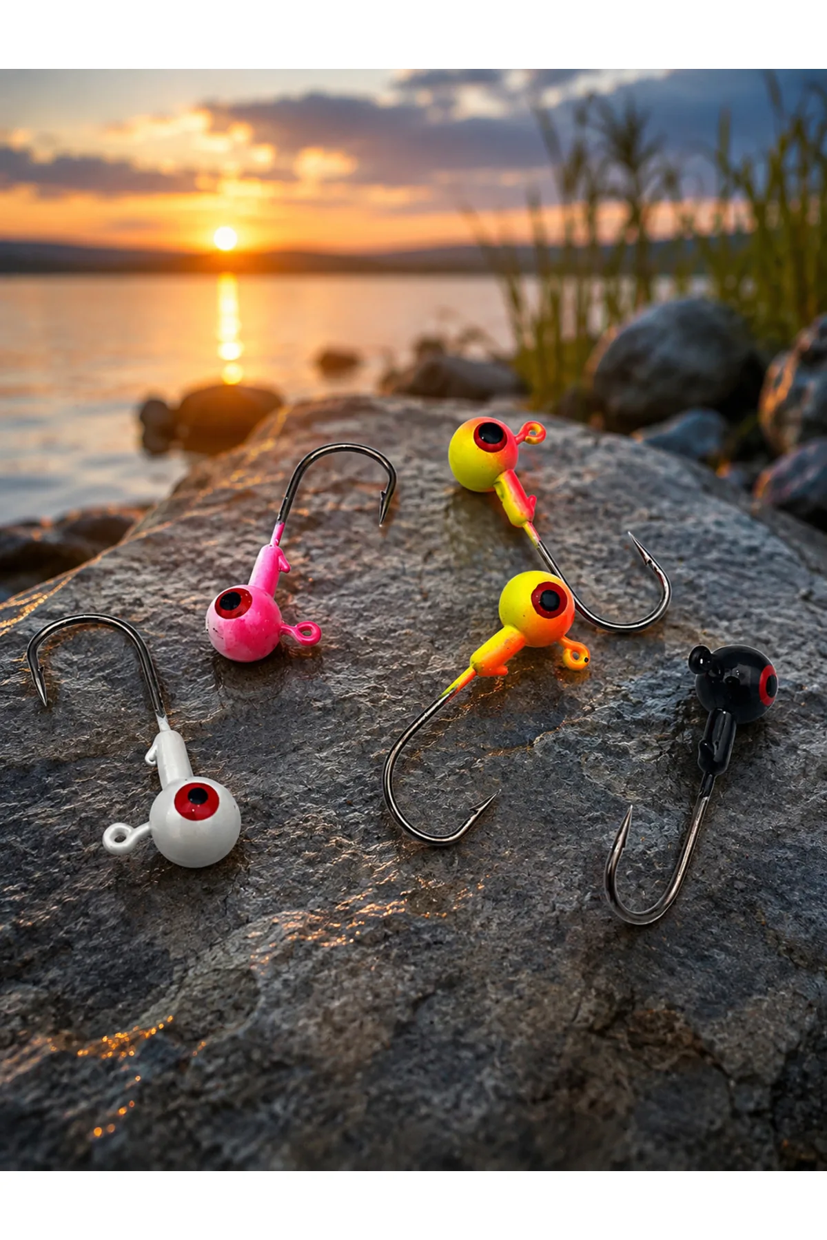 5’li Renkli Gözlü Jig Head – Güçlü İğneli, Farklı Gramaj Seçenekli Silikon Yem Jig Kafası